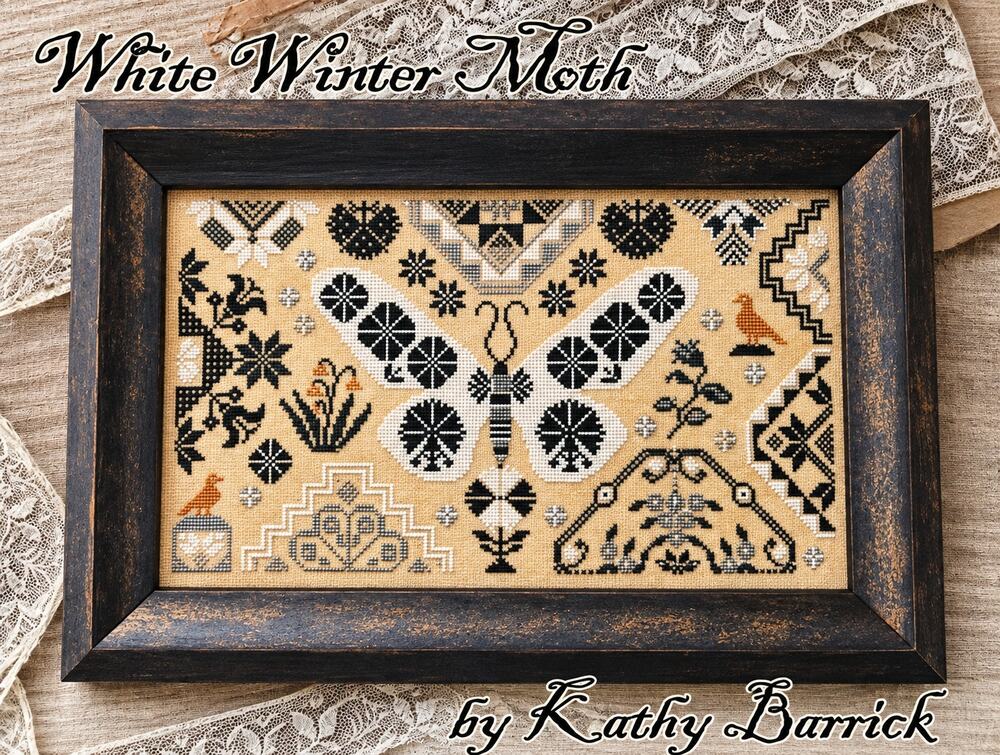 Kathy Barrick White Winter Moth Cross Stitch Pattern 197x110 Primitive Sampler